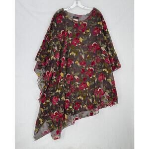Linda Lundstrom Floral Velvet Burnout Asymmetrical Hem Lagenlook Top Sz 22